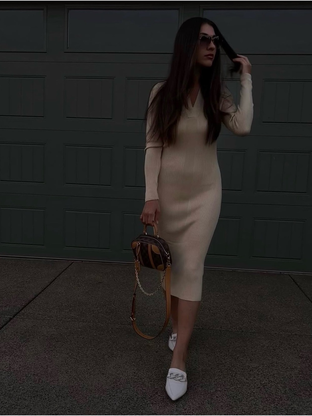 Topshop Cream Ribbed V‑Neck Midi Sweater Dress